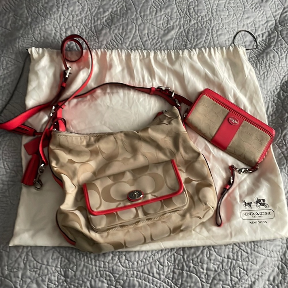 COPY - COACH Legacy Signature Courtney Khaki Coral Convertible Hobo Bag. Used